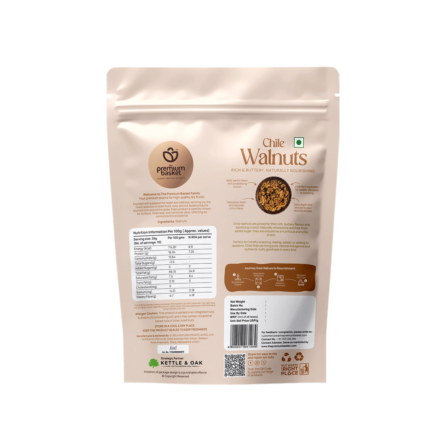 Chile Walnuts 250g pouch with back nutrition and ingredients panel