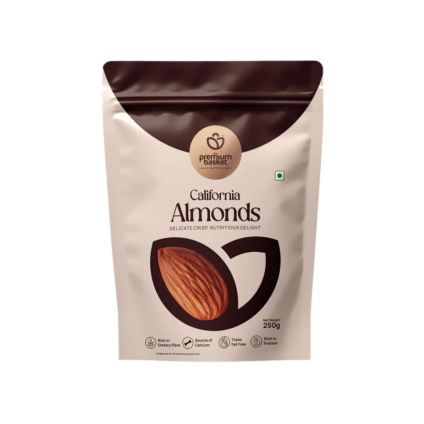 Almonds snack pouch with almond logo and 250g net weight, front label view