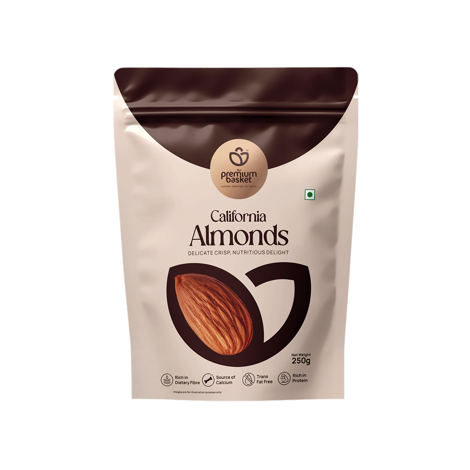 Almonds snack pouch with almond logo and 250g net weight, front label view