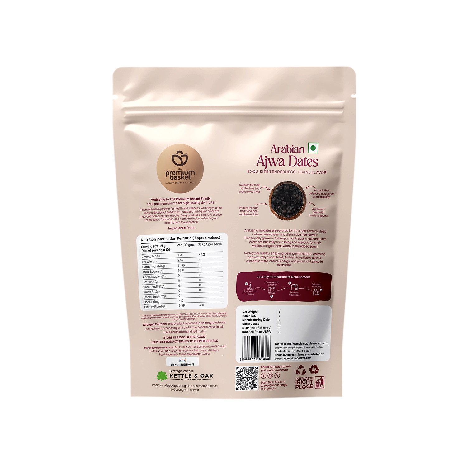 Ajwa dates pouch back view with ingredient and nutrition information