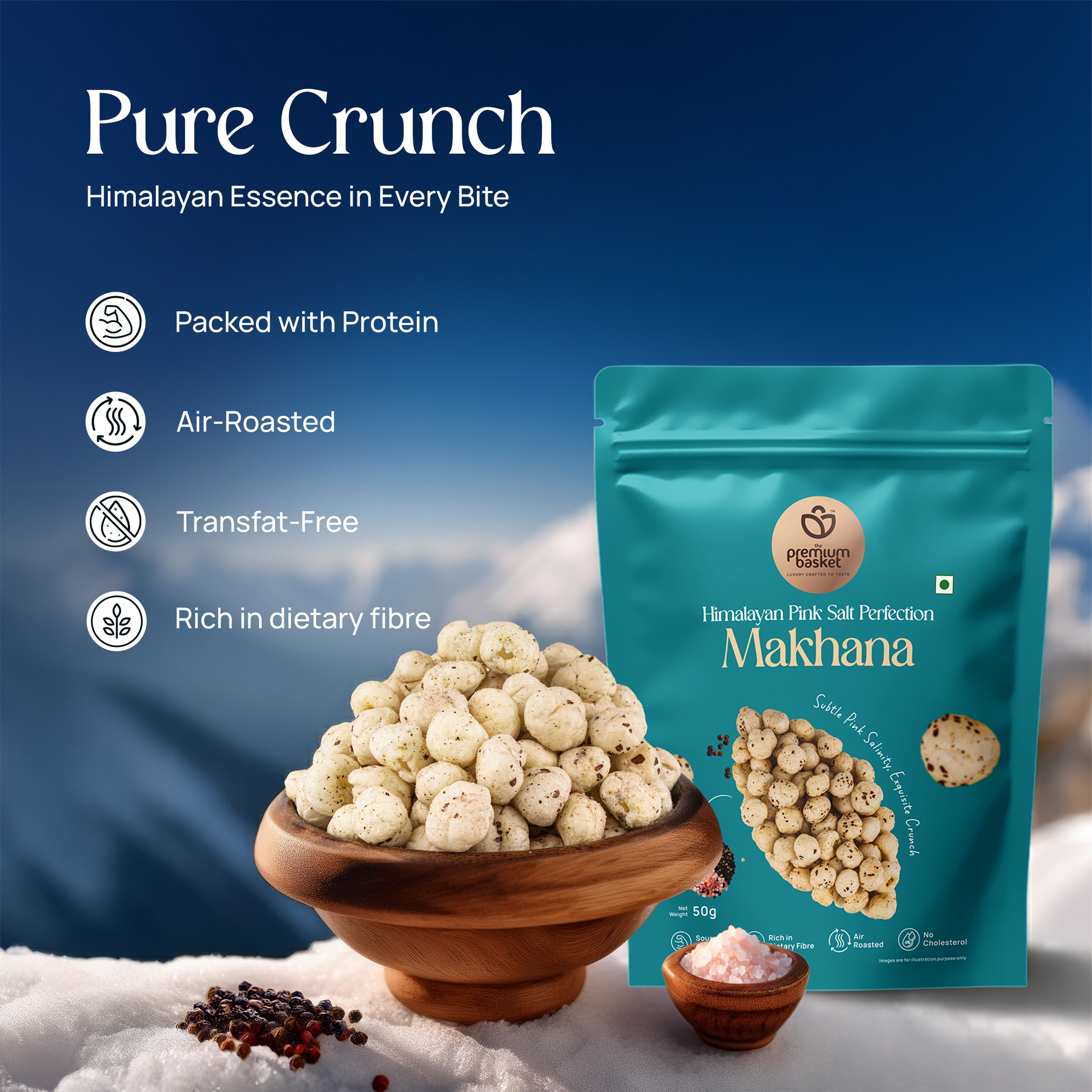 Teal makhana snack pouch next to a bowl of salted makhana bites