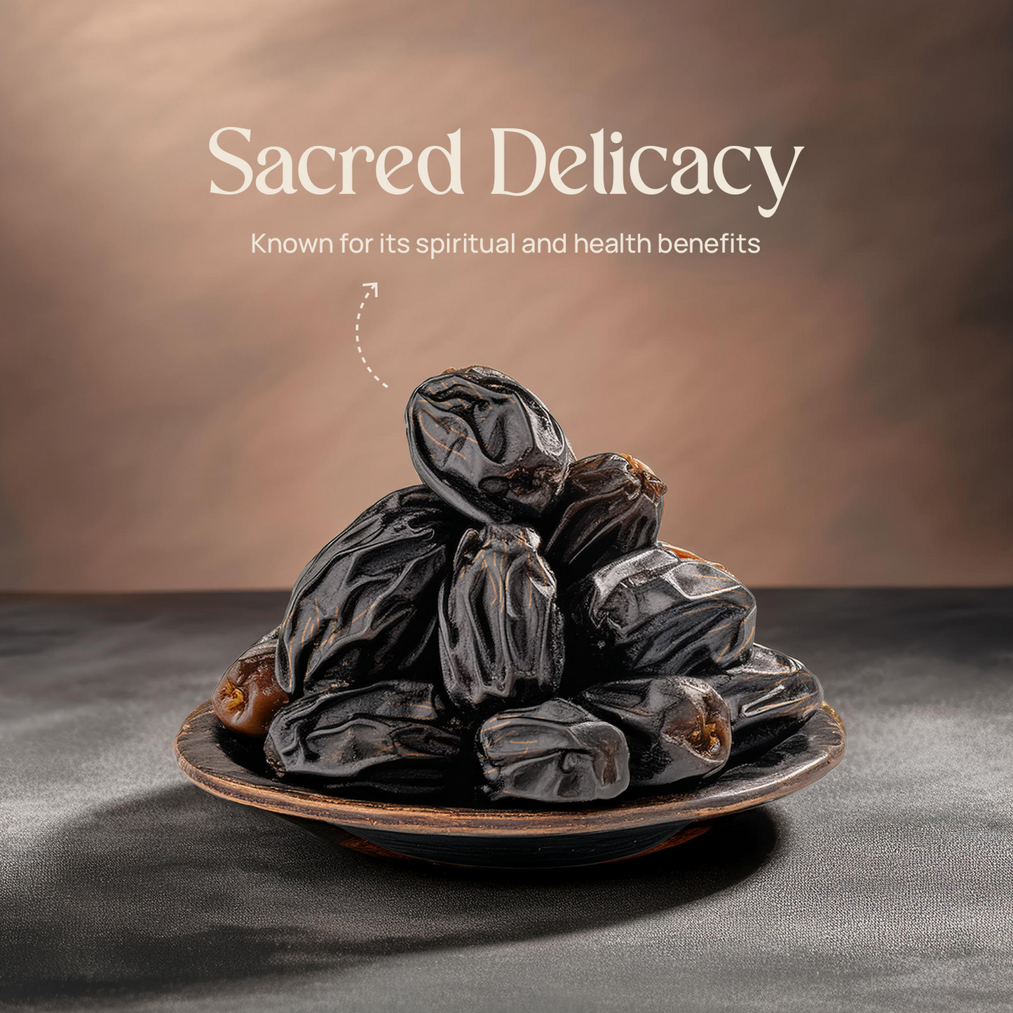Bowl of dark Ajwa dates with glossy skins and a few lighter brown pieces