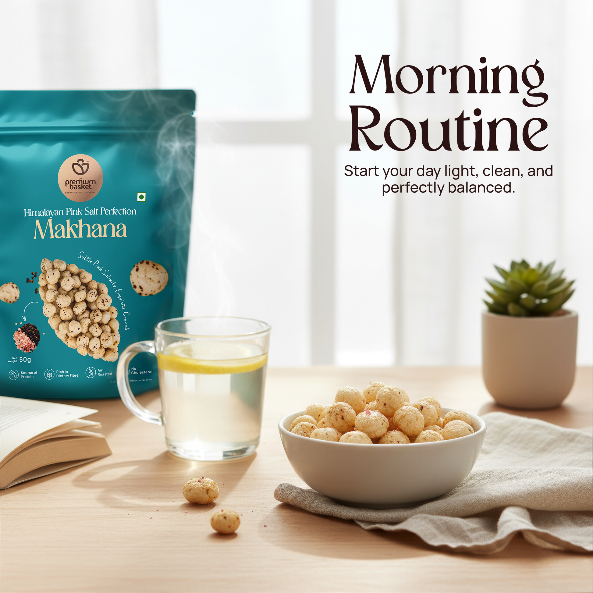 Teal makhana snack pouch with a bowl of makhana bites and a cup of tea