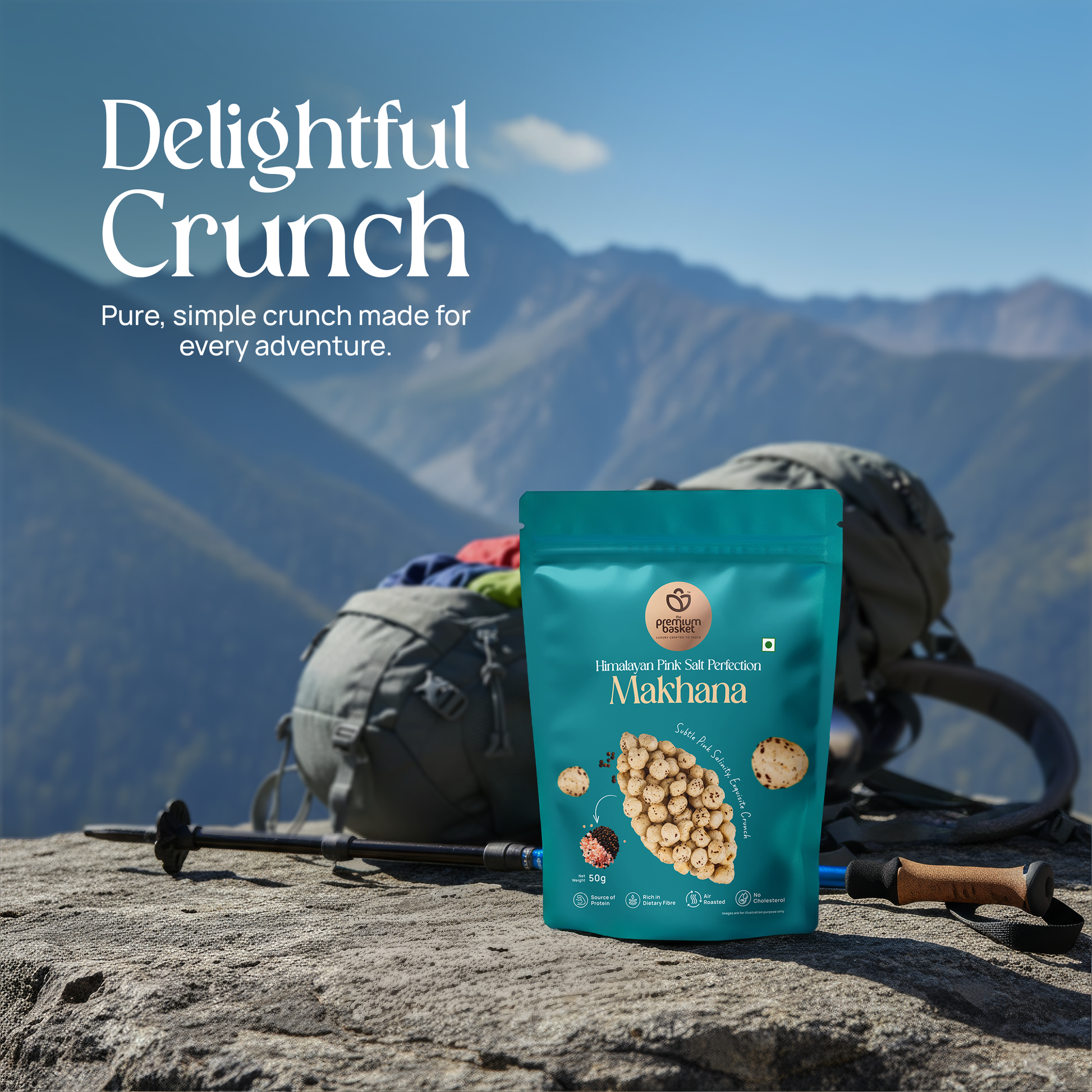 Teal makhana snack pouch standing on a rocky surface near outdoor gear