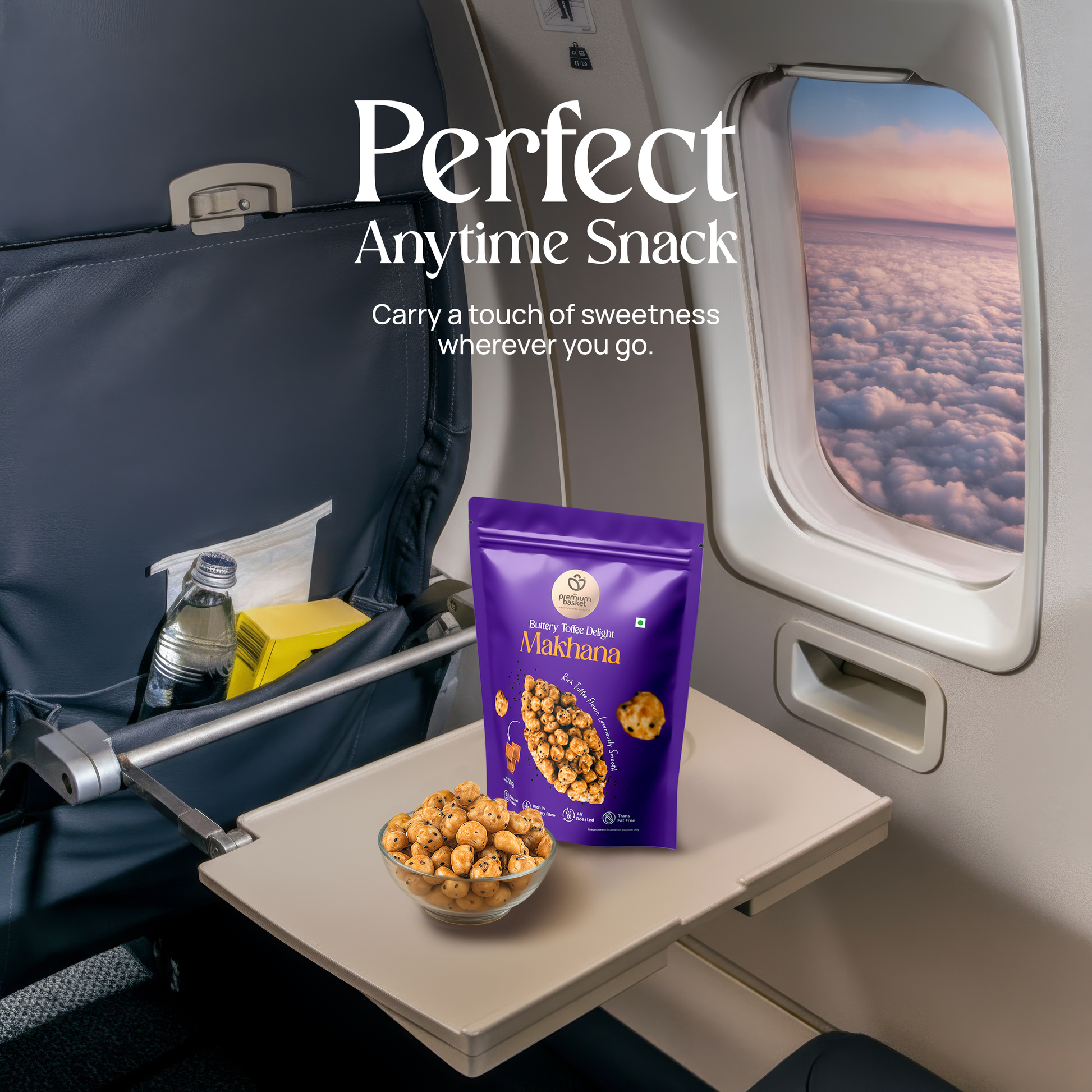 Makhana snack pouch near window seat, small bowl of roasted makhana beside it
