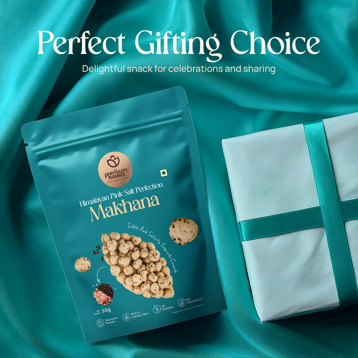 Teal makhana snack pouch beside a gift-wrapped box tied with teal ribbon
