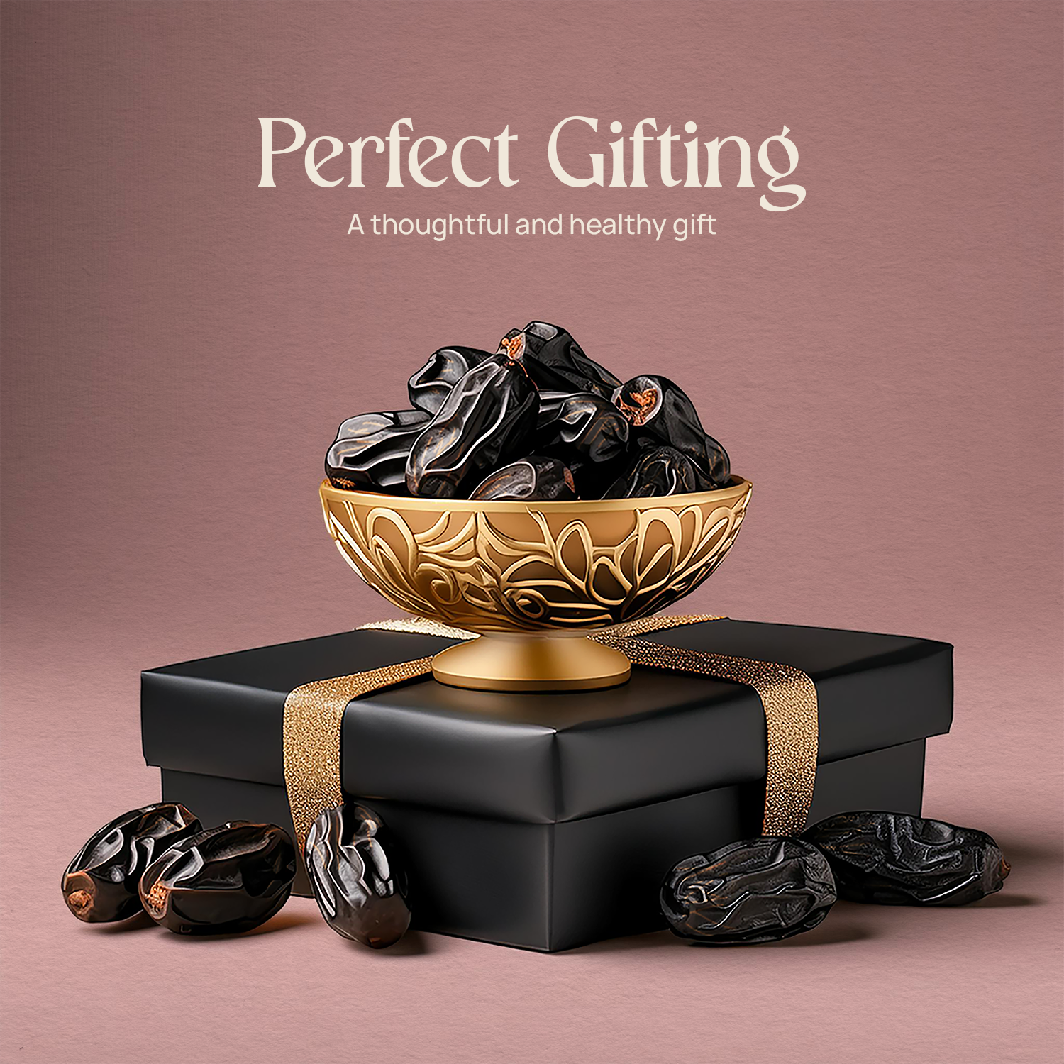 Bowl gift with dark, wrinkled Ajwa dates on top and scattered dates around
