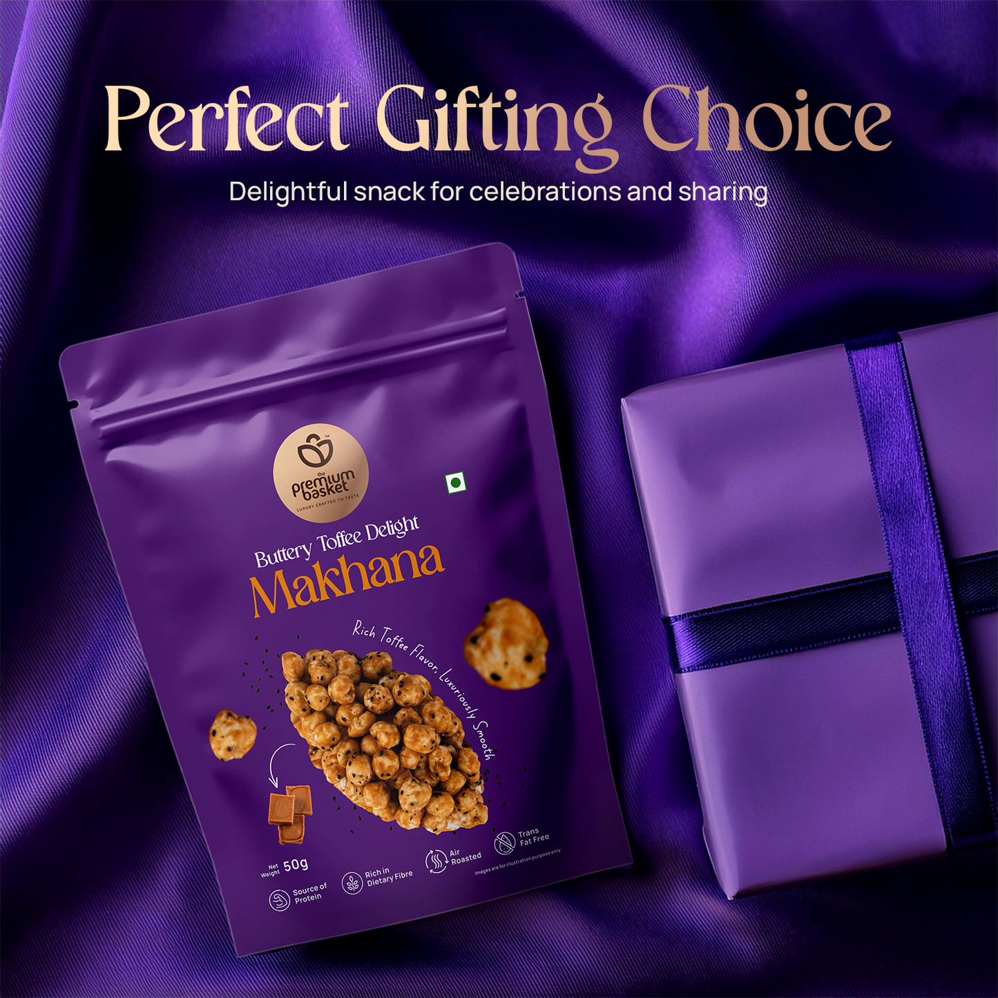 Makhana snack pouch with gift box, purple bag and folded bow on cloth