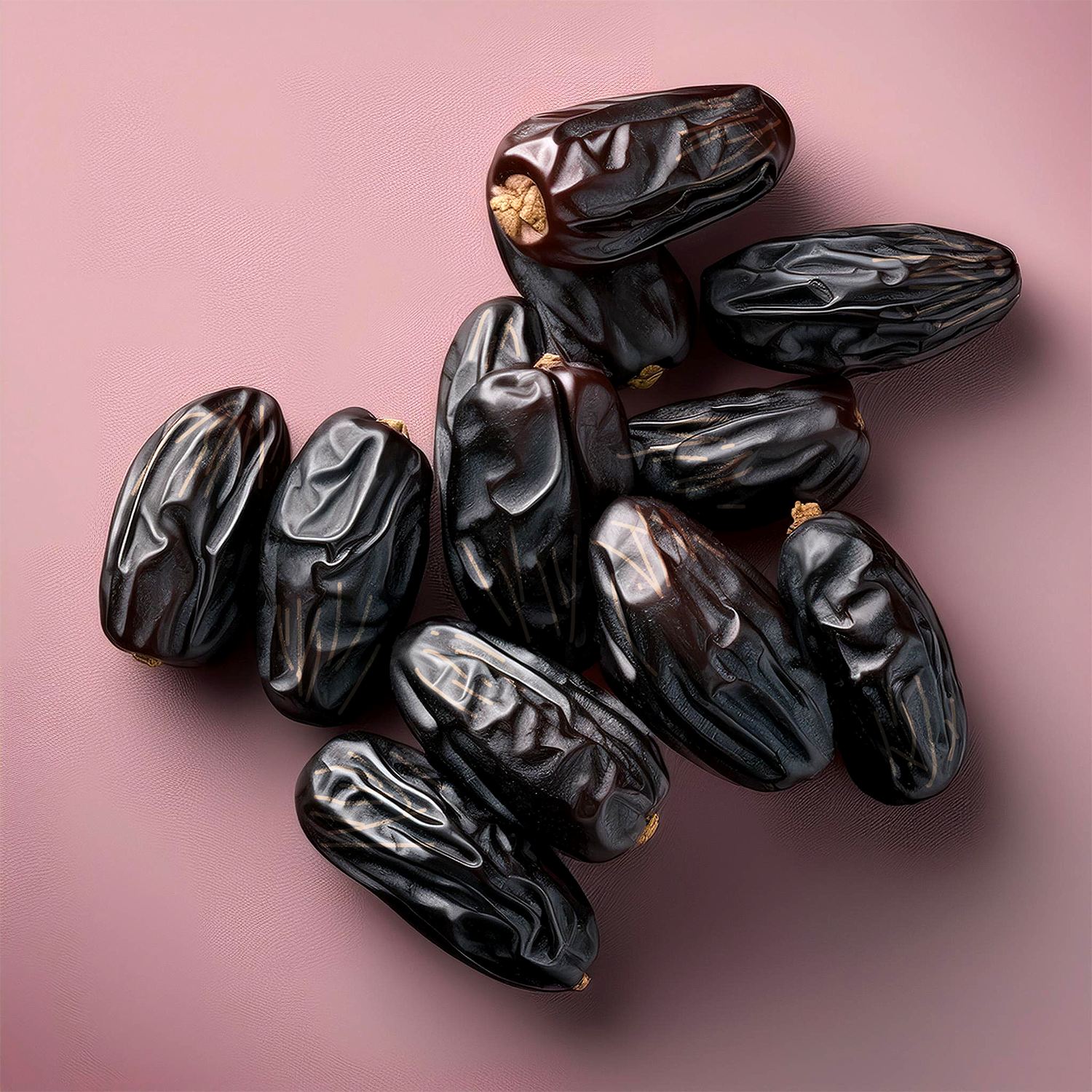 Pile of dark, glossy Ajwa dates with wrinkles and brown seed marks
