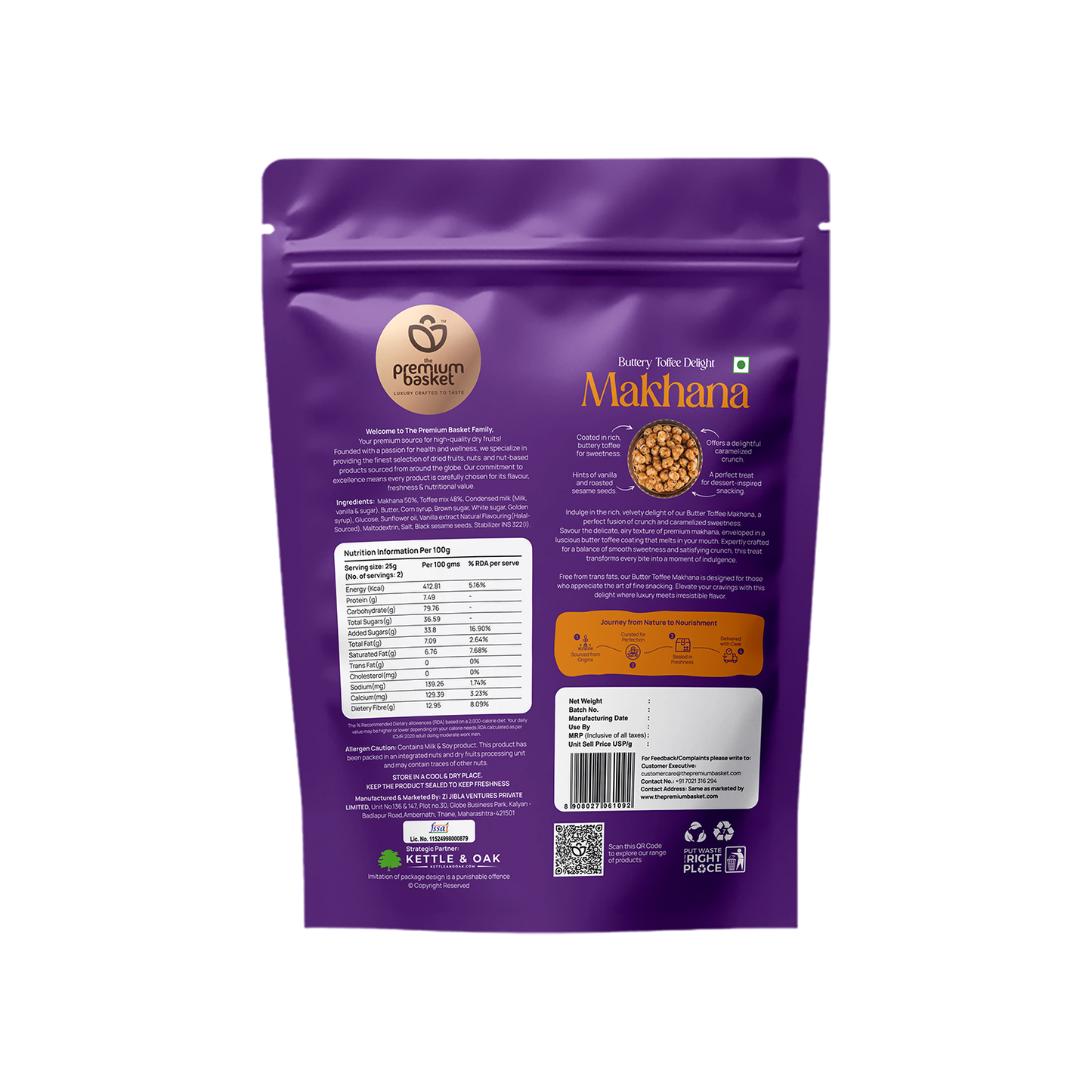 Makhana snack pouch back panel, purple resealable bag with nutrition details