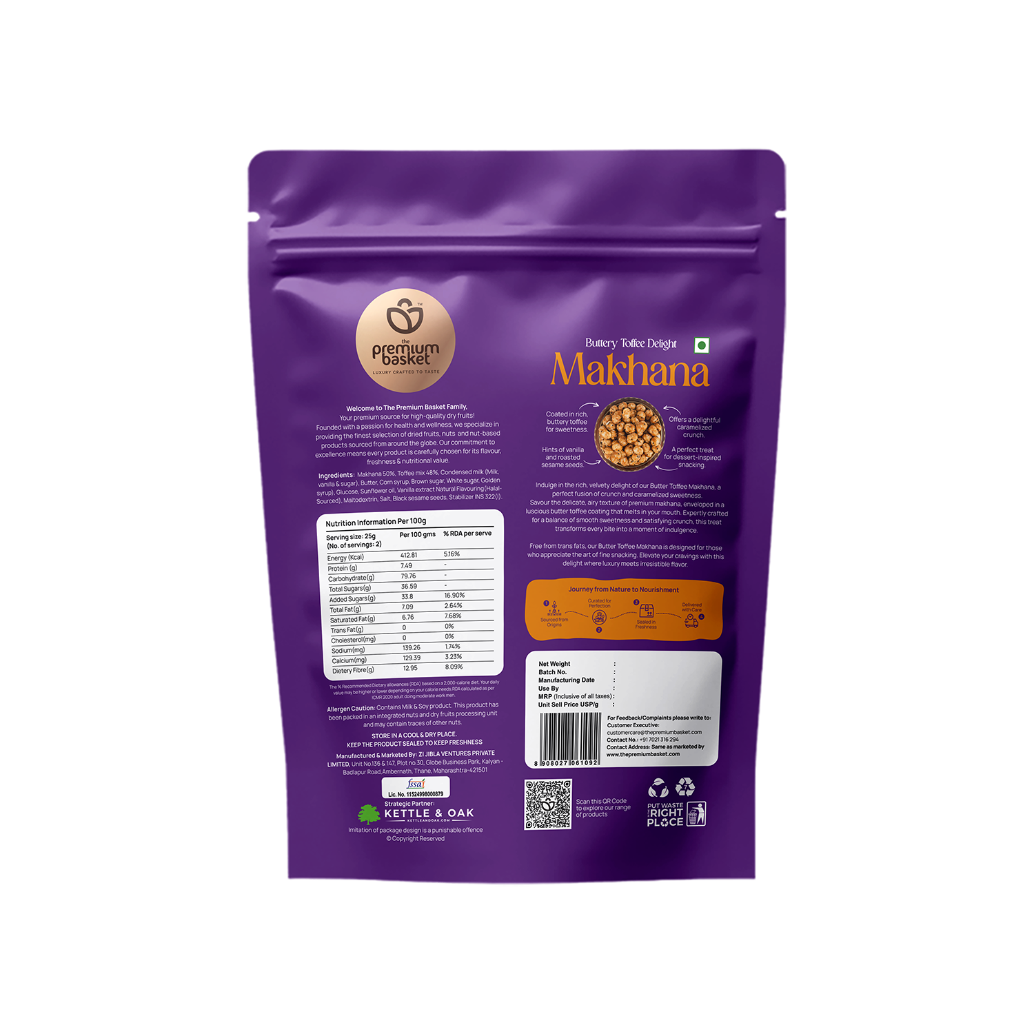 Makhana snack pouch back panel, purple resealable bag with nutrition details