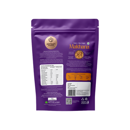 Makhana snack pouch back panel, purple resealable bag with nutrition details