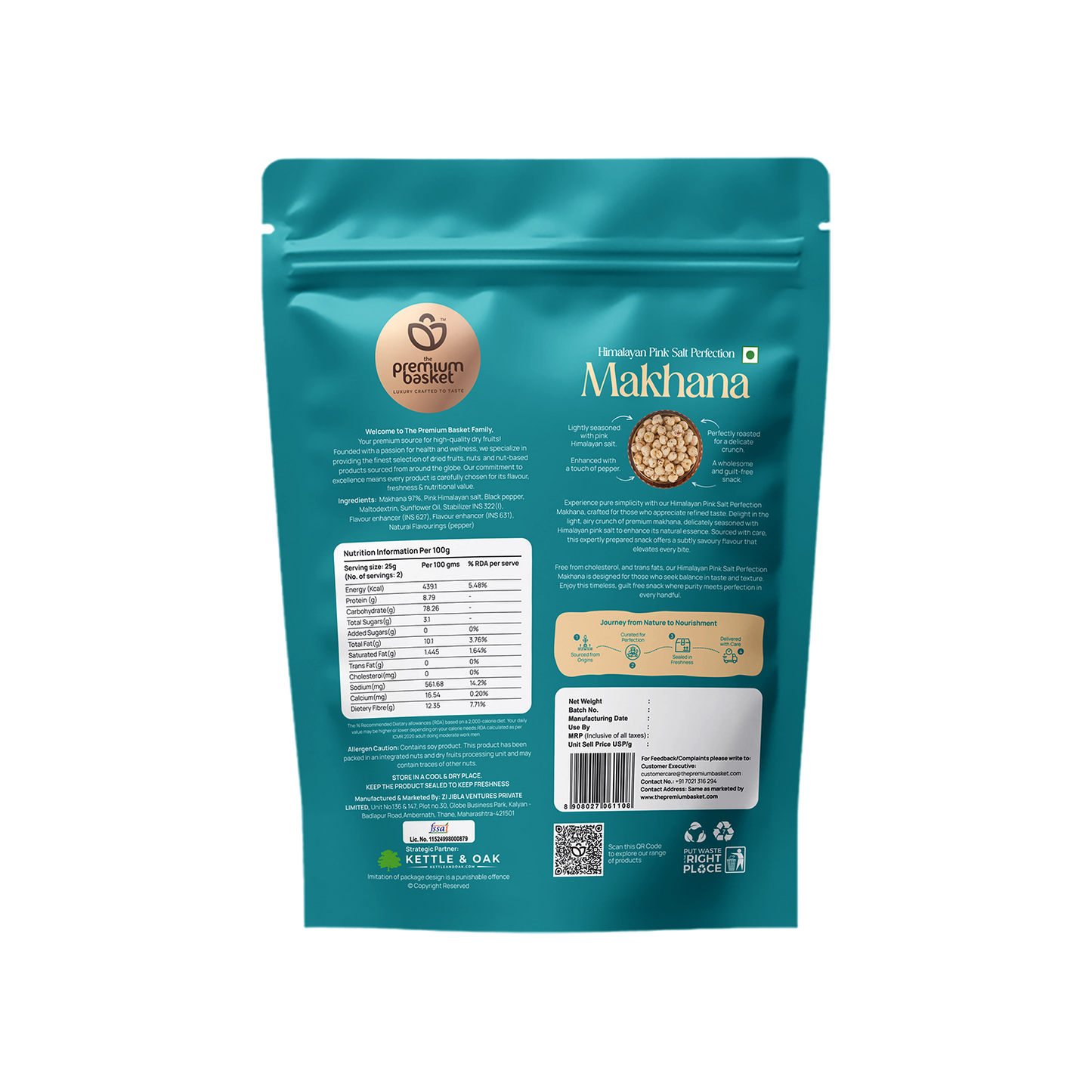 Teal makhana snack pouch back with nutrition and barcode details