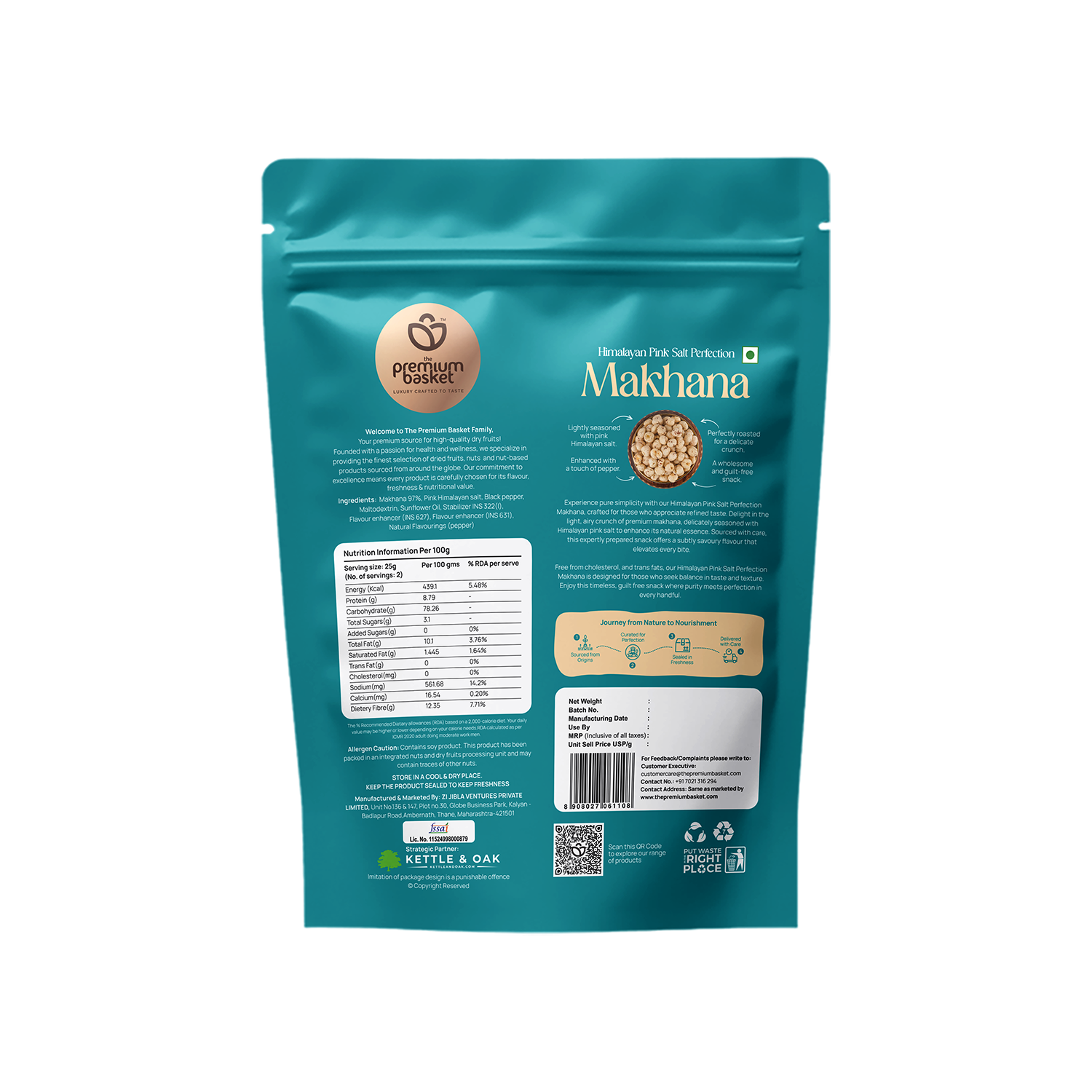 Teal makhana snack pouch back with nutrition and barcode details