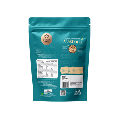 Teal makhana snack pouch back with nutrition and barcode details