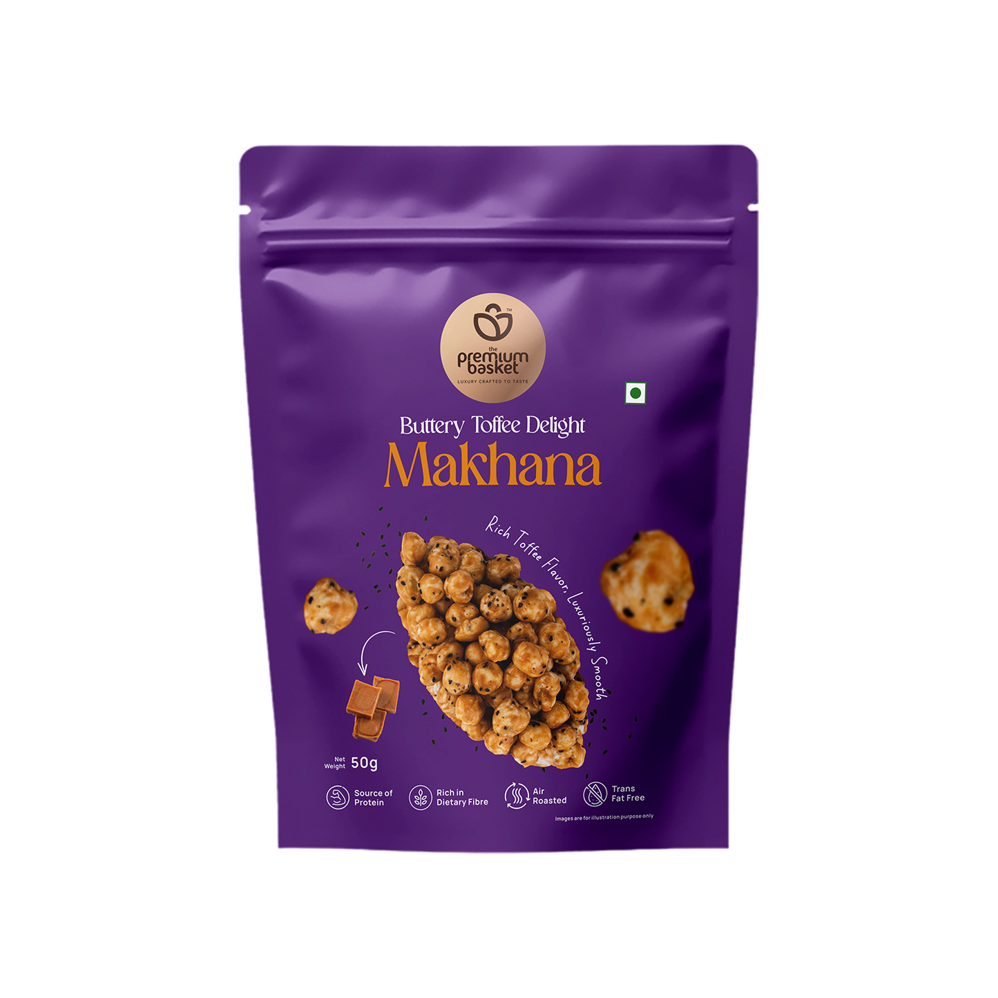 Makhana snack pouch in purple, buttery toffee delight label on the front