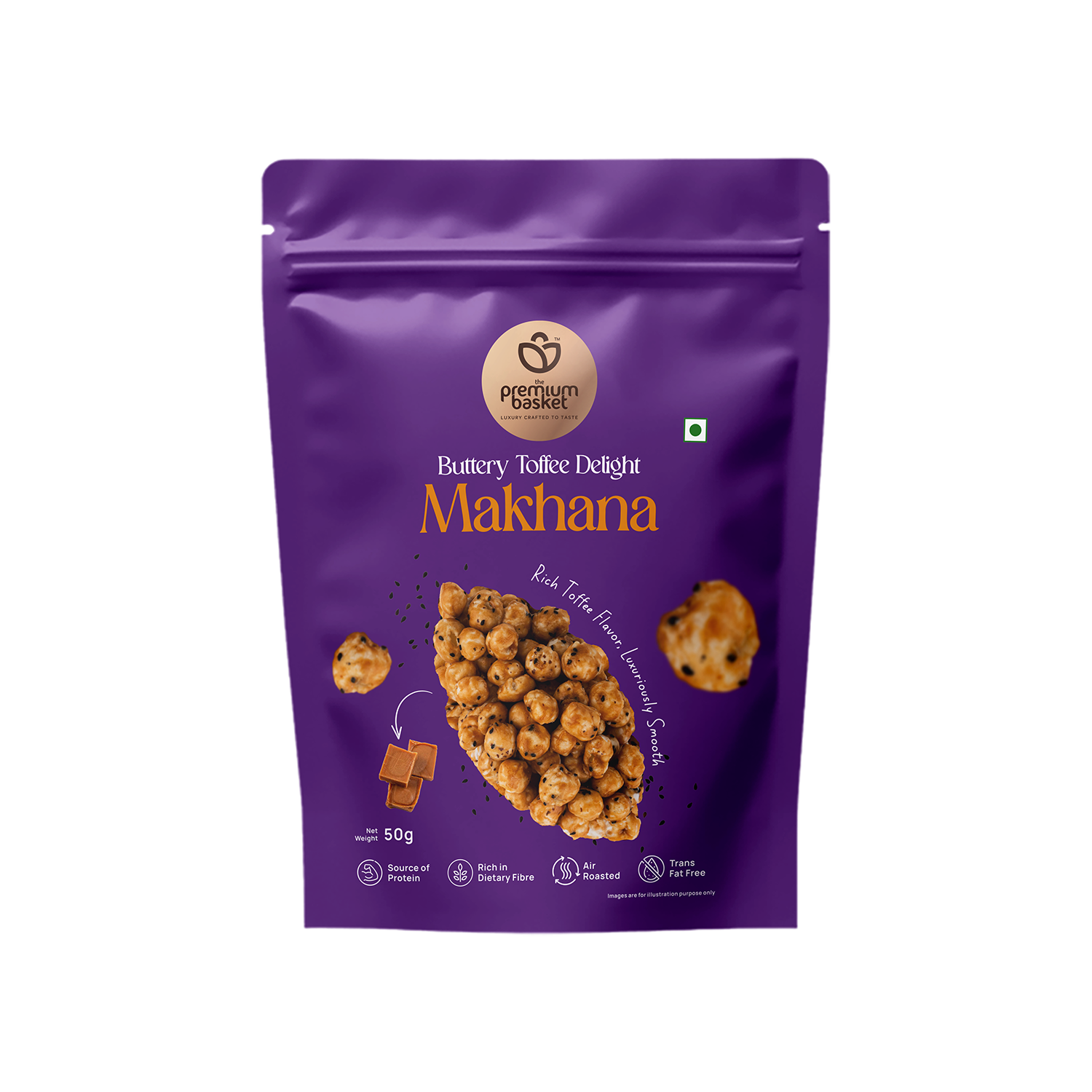 Makhana snack pouch in purple, buttery toffee delight label on the front