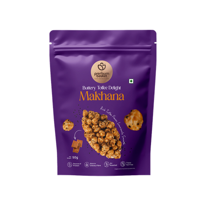 Makhana snack pouch in purple, buttery toffee delight label on the front