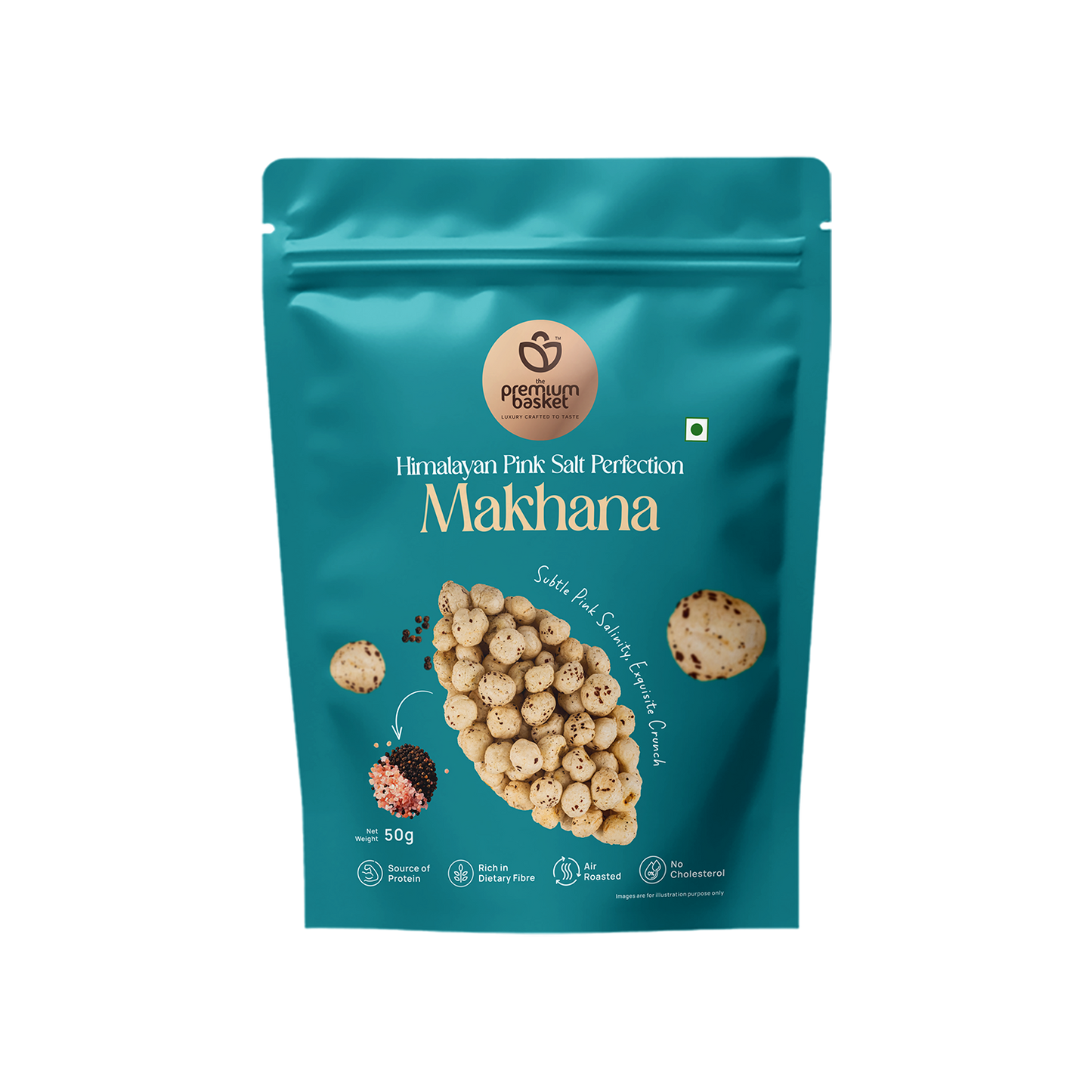 Teal makhana snack pouch with Himalayan Pink Salt Perfection branding and crunchy bites