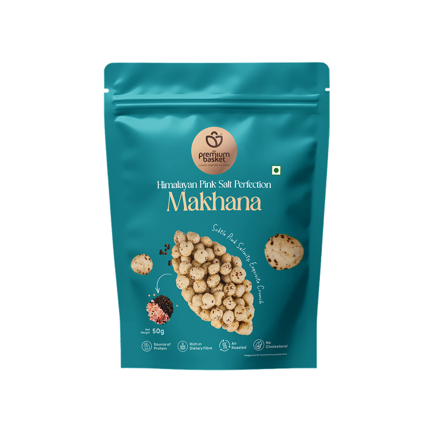 Teal makhana snack pouch with Himalayan Pink Salt Perfection branding and crunchy bites