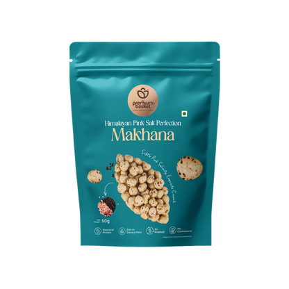 Teal makhana snack pouch with Himalayan Pink Salt Perfection branding and crunchy bites