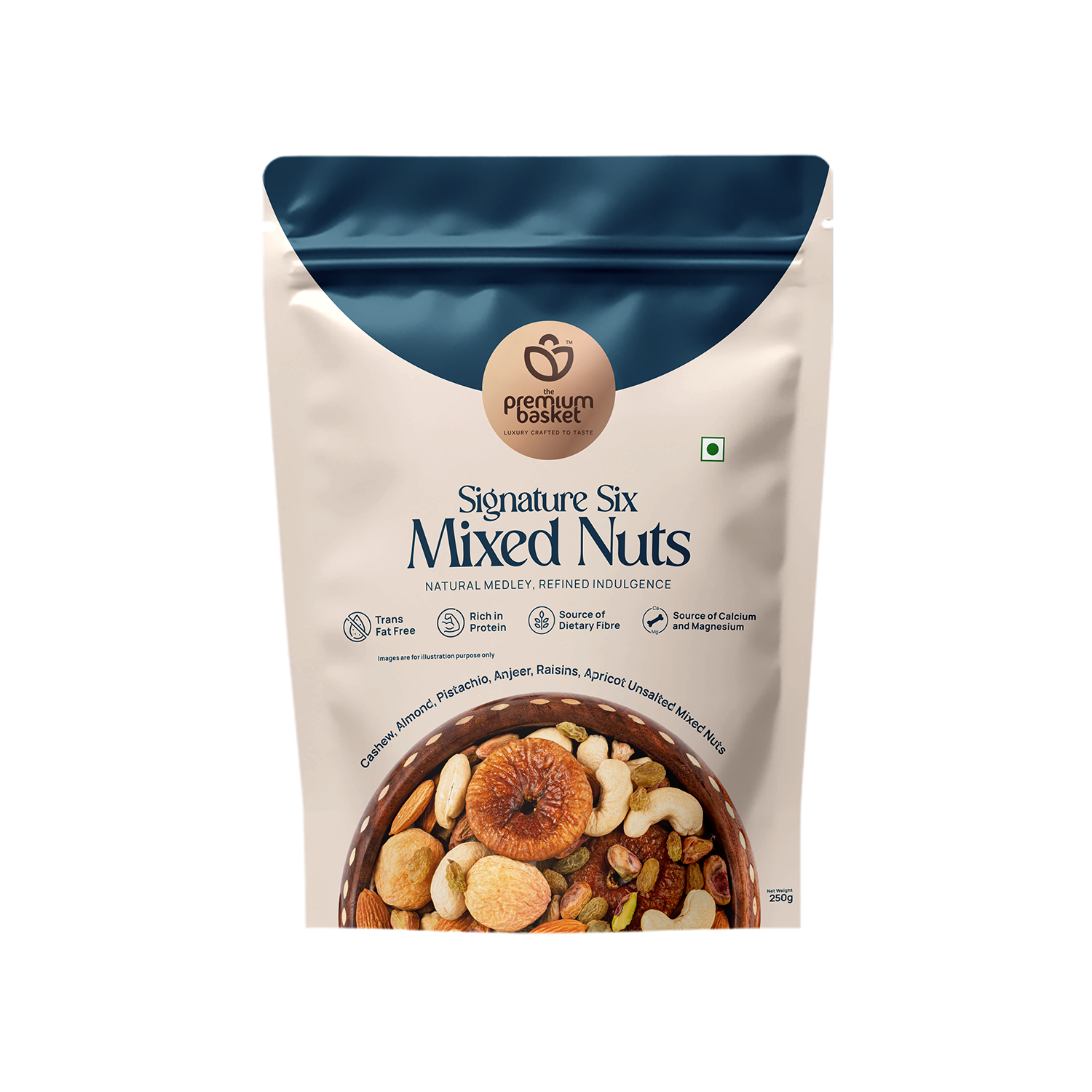 Mixed nuts pouch with blue top and white front panel, product view