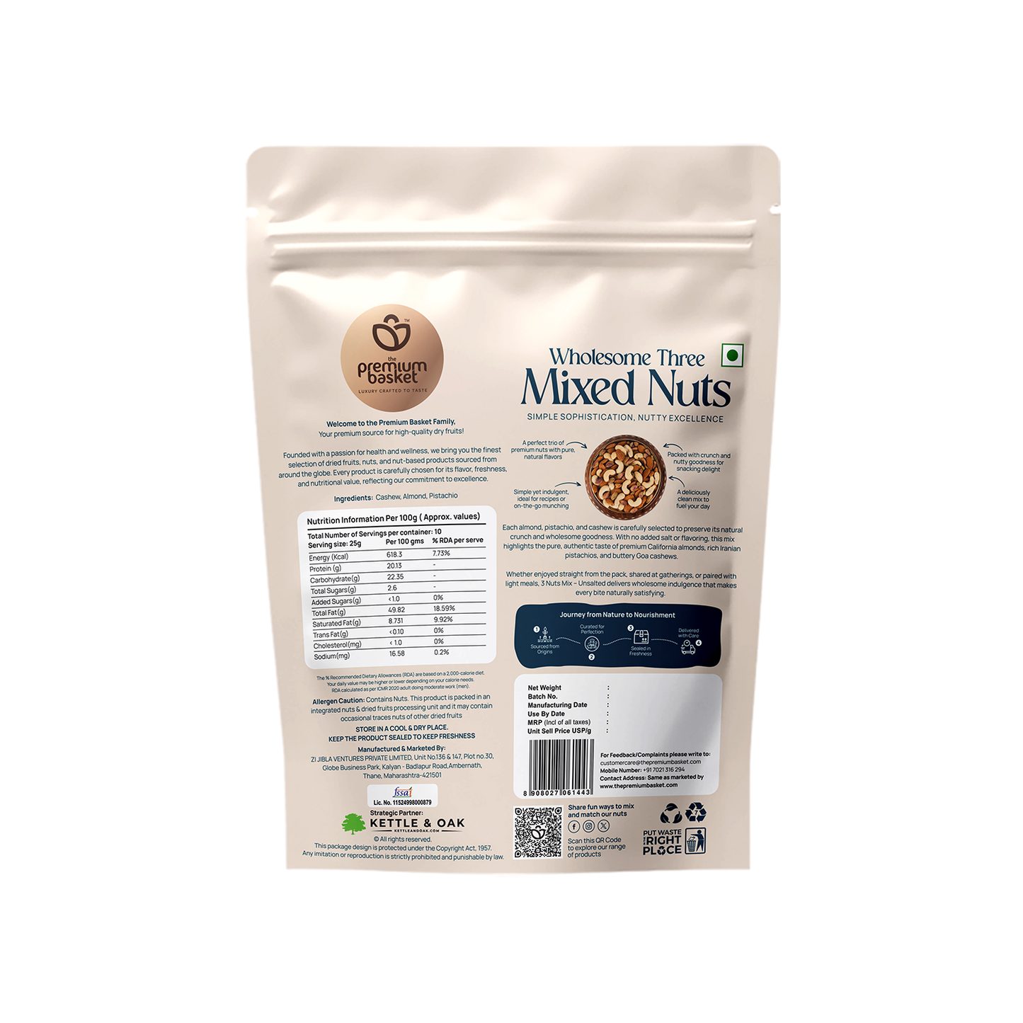 Wholesome Three Mixed Nuts pouch, back view with nutrition facts and barcode