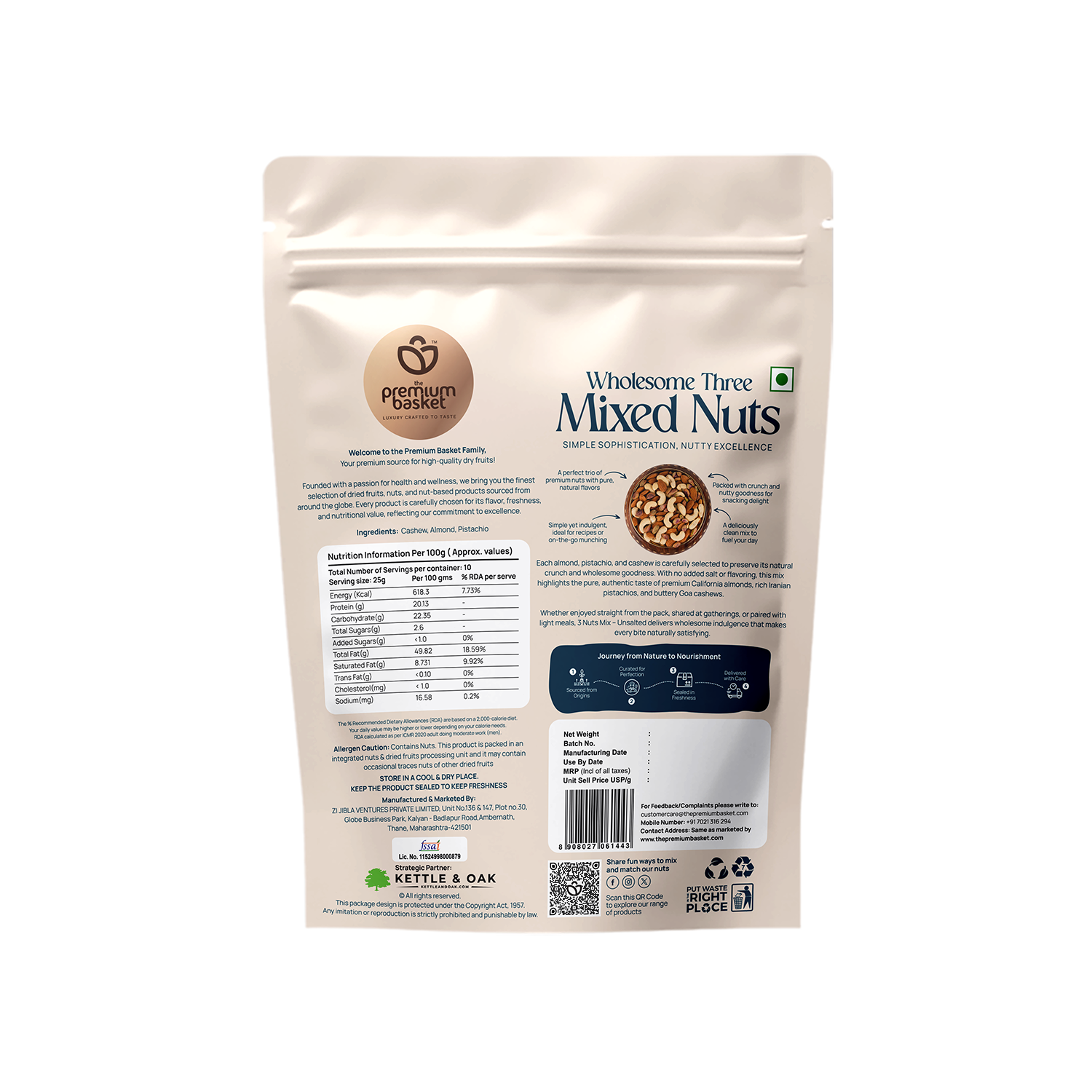 Wholesome Three Mixed Nuts pouch, back view with nutrition facts and barcode