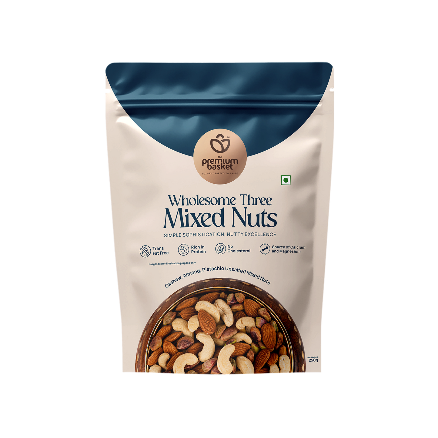 Wholesome Three Mixed Nuts pouch, centered front view with nut mix window at bottom