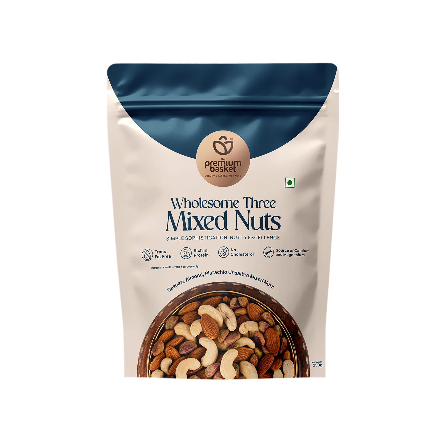 Wholesome Three Mixed Nuts pouch, centered front view with nut mix window at bottom